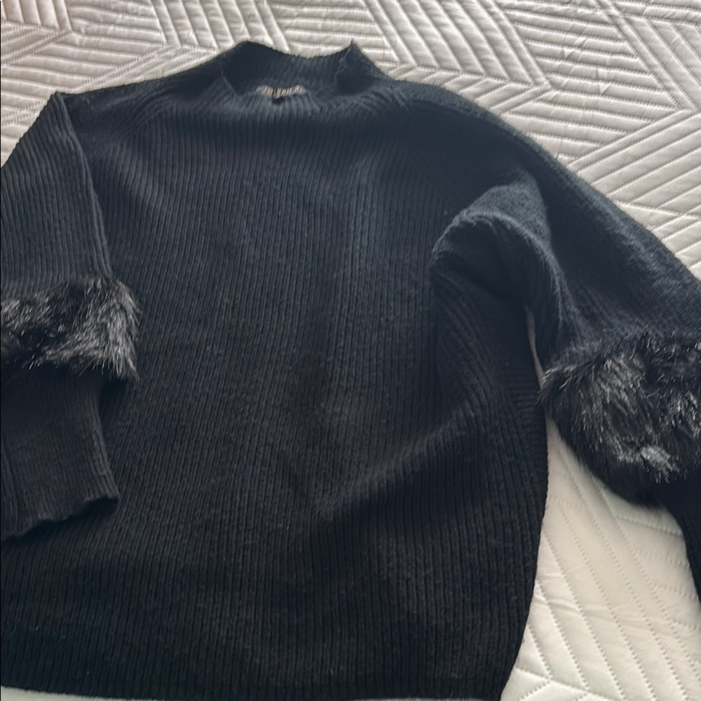 Joseph Black Turtleneck Sweater with Faux Fur Cuffs